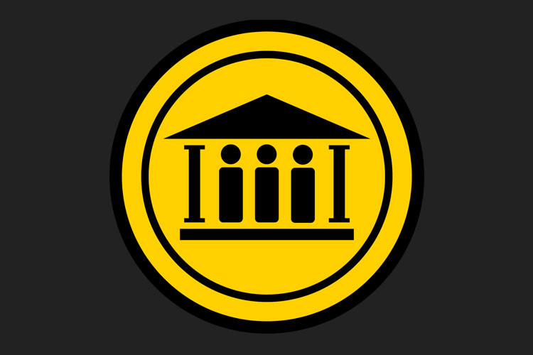 Yellow circular icon showing a building with columns and three figures inside.
