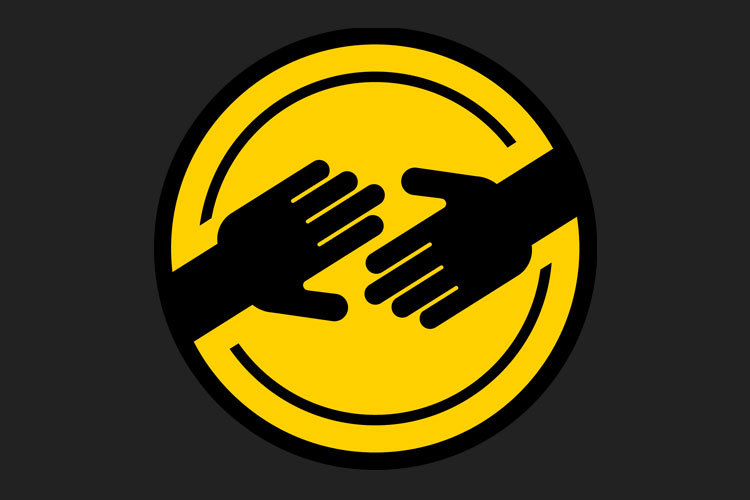 Yellow circular icon with two hands reaching toward each other on a black background.
