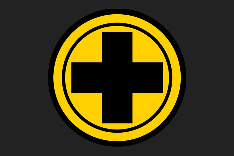 Yellow circular icon featuring a bold black medical-style cross.