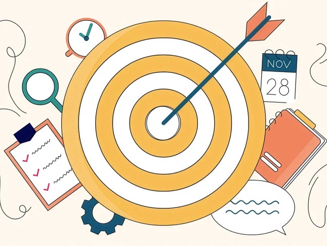 Target with an arrow in the center surrounded by icons for planning, goals, and organization.